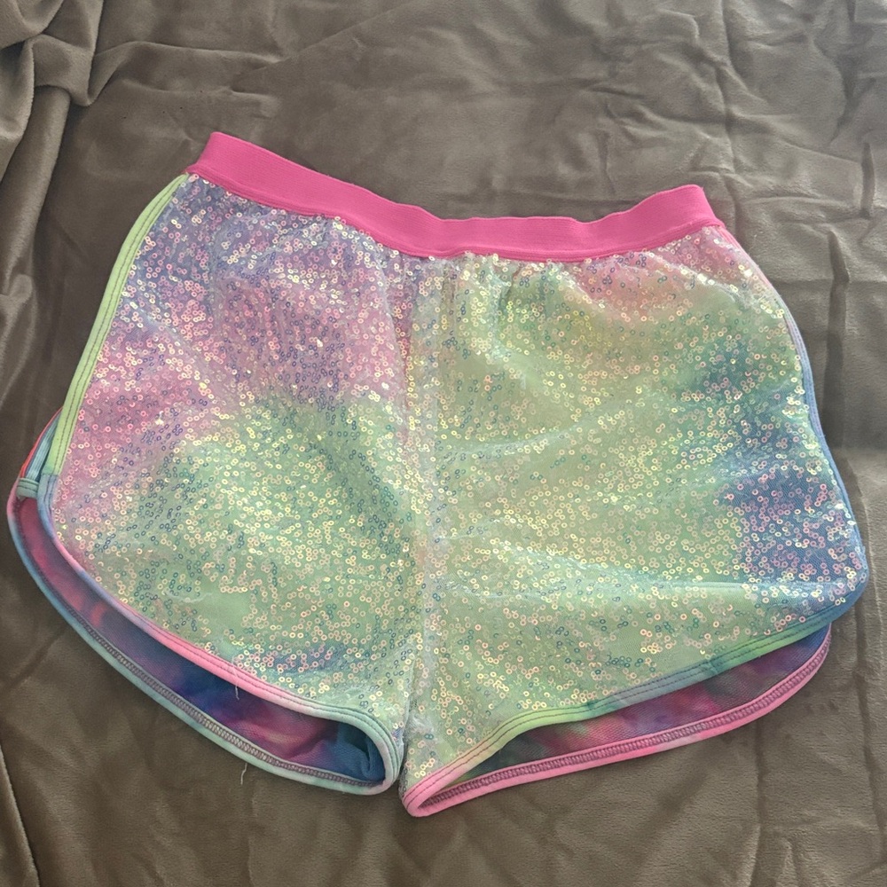 Iridescent Sequin Athletic Shorts with Pink Waistband